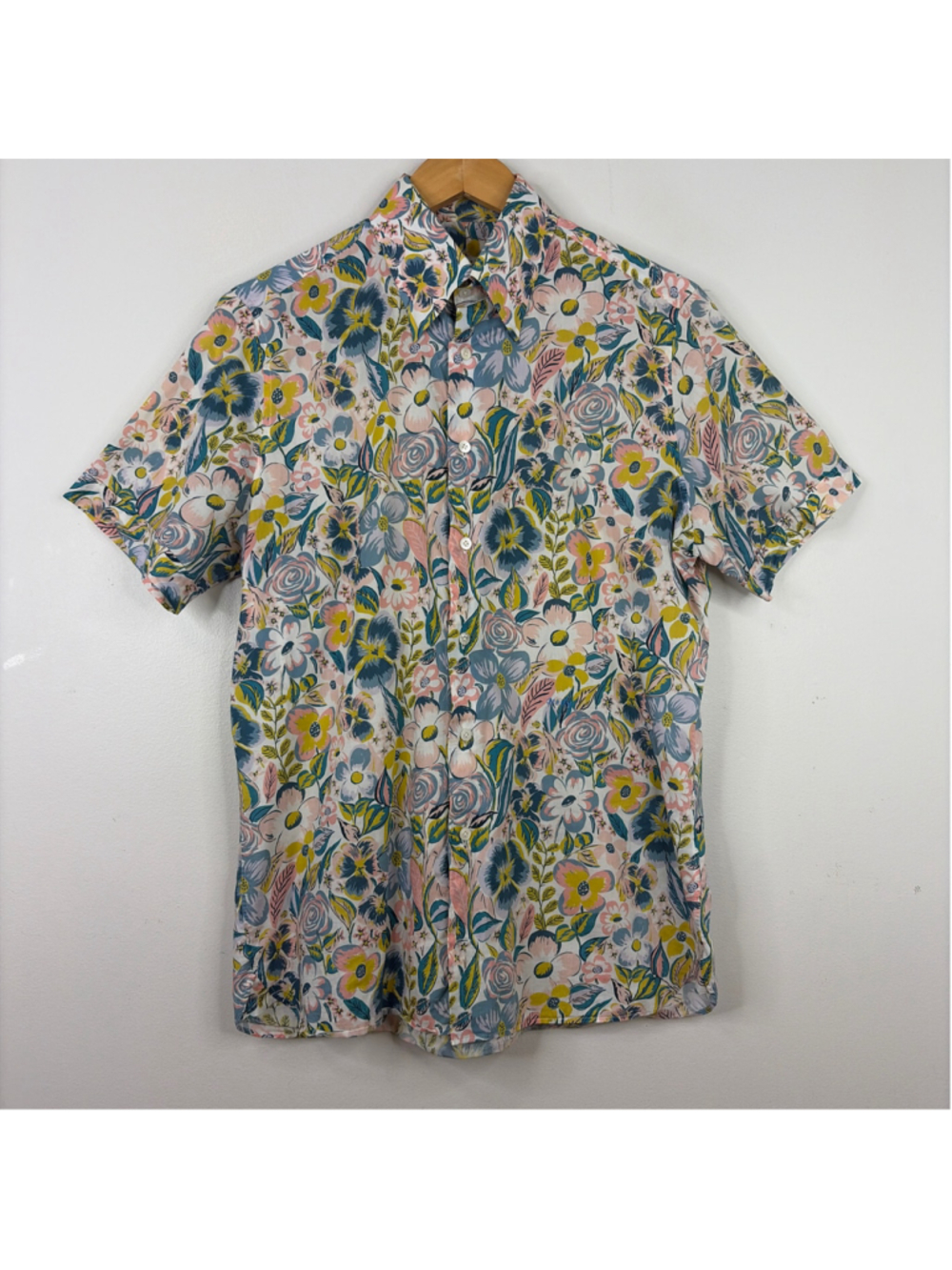Atelier Munro Shirt Mens XL Blue Pink Yellow Floral Cotton Short Sleeve Collar